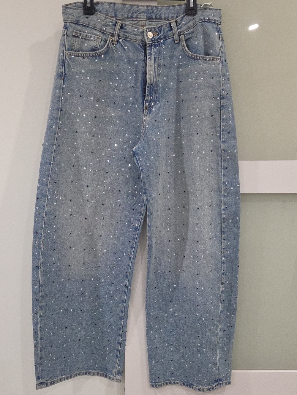 Zara TRF Mid-Rise Rhinestone Embellished Wide-Leg Jeans Size 8/40 New